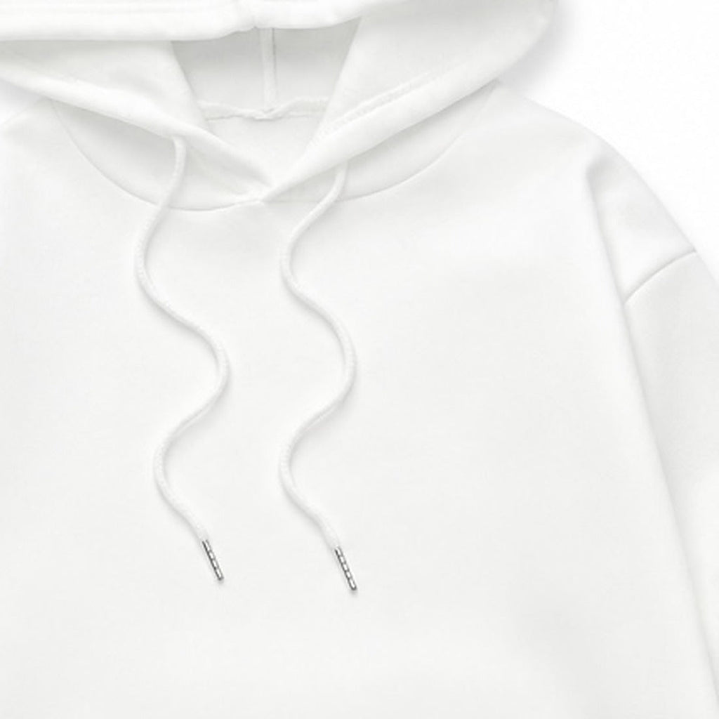 Close-up of the flat drawcords with metal tips at the hood opening