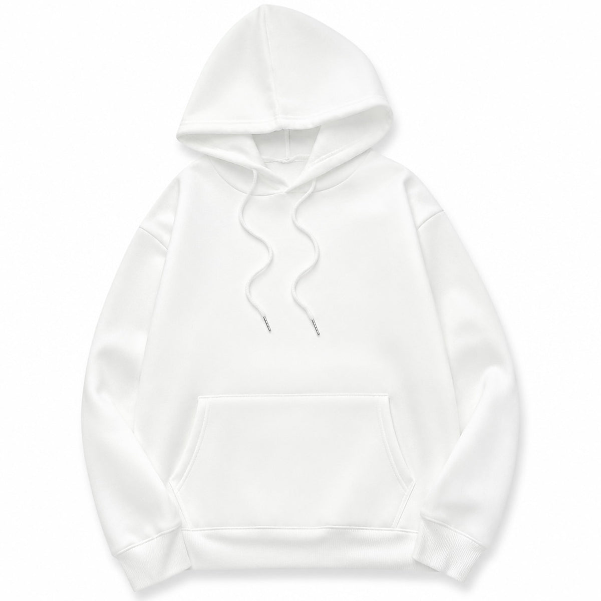 The hoodie from the front, lined hood and metal-tipped drawcords, plain ice white
