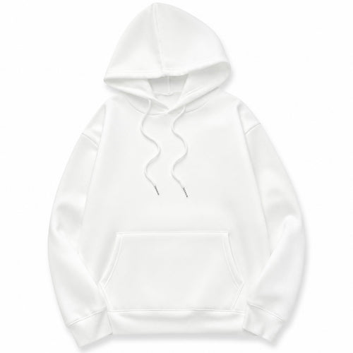 The hoodie from the front, lined hood and metal-tipped drawcords, plain ice white