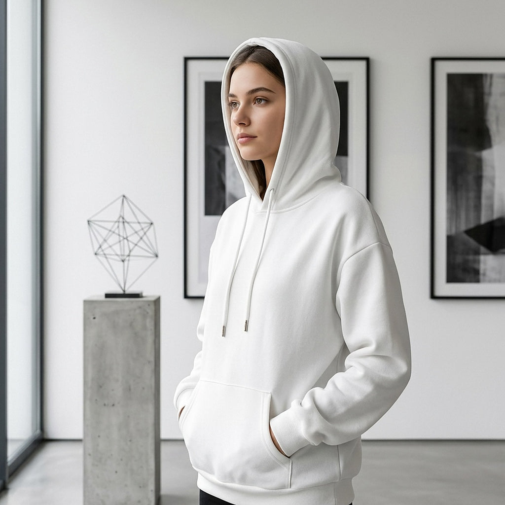 The hoodie worn indoors with the hood up, showing the double-layer hood holding its shape