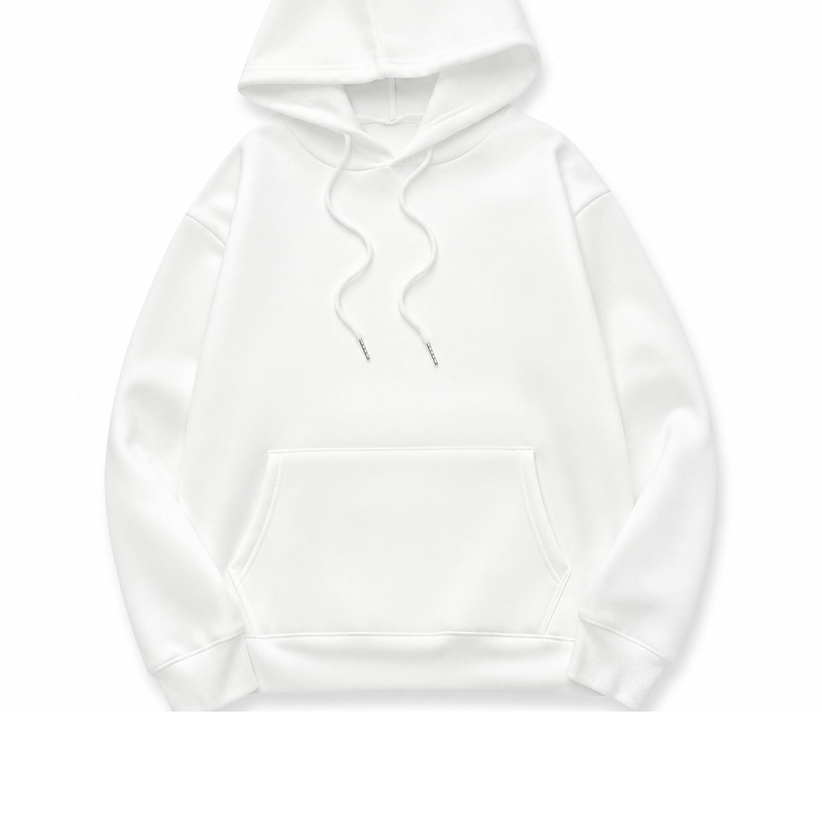 The hoodie from the front, hood and drawcords