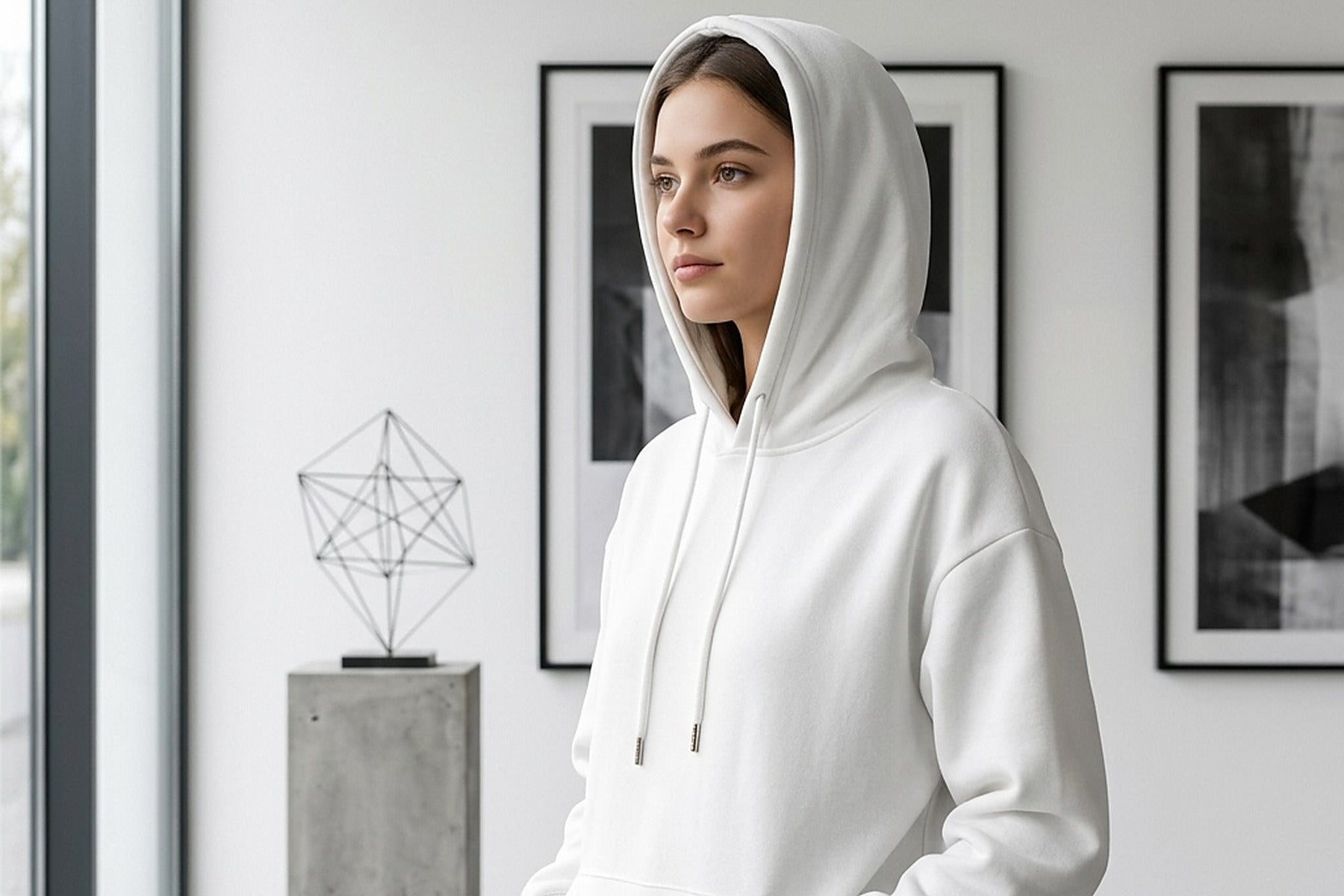 The hoodie worn indoors with the hood up