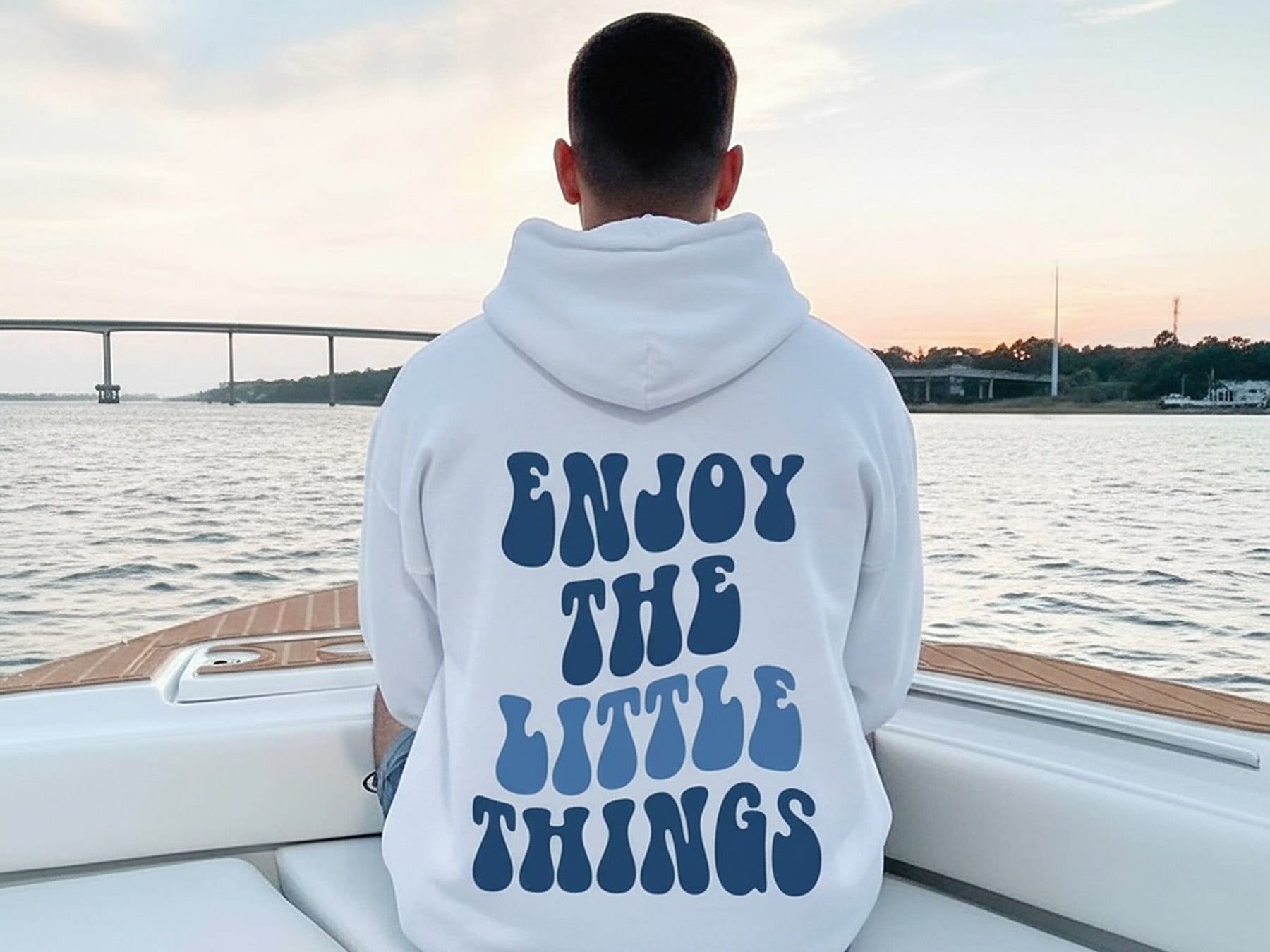 The hoodie worn from behind at dusk, the message printed across the back